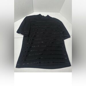St. John Evening Santana Black Short Sleeve Knit Mock Turtleneck Rhinestones